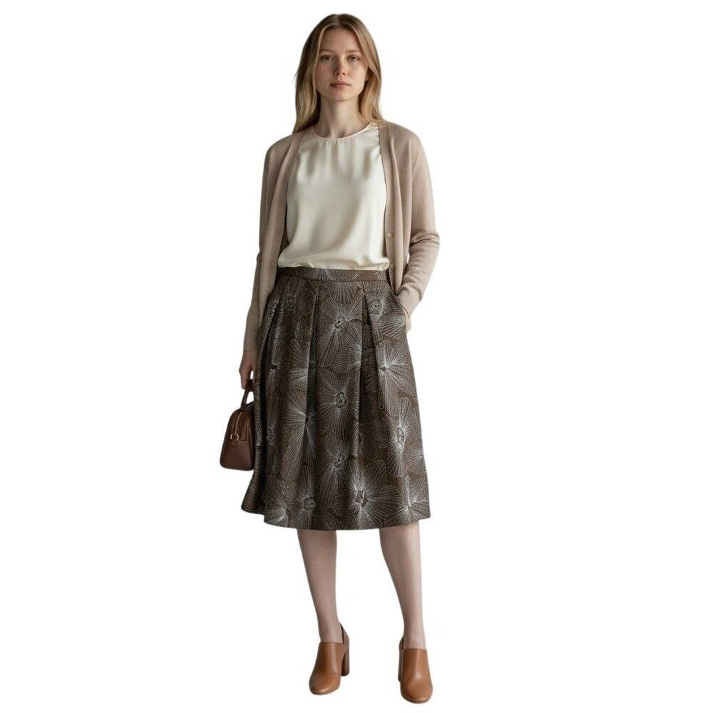 Talbots Brown Silk Pleated Skirt Metallic Floral Pockets Quiet Luxury‎ 10P NEW